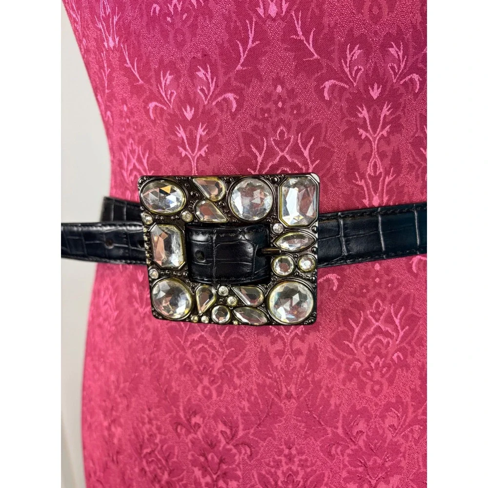 Black Croc Embossed Leather Belt Medium Crystal Rhinestone Western Glam Festival
